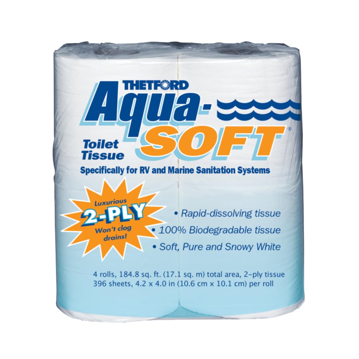 Aqua-Soft Toilet Tissue Thetford - Toilet Paper for RV and marine - 2-ply - Thetford 03300 (Pack of 4 rolls) , White