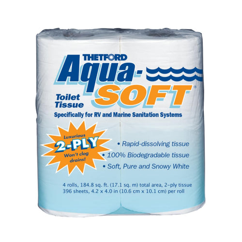 Aqua-Soft Toilet Tissue Thetford - Toilet Paper for RV and marine - 2-ply - Thetford 03300 (Pack of 4 rolls) , White