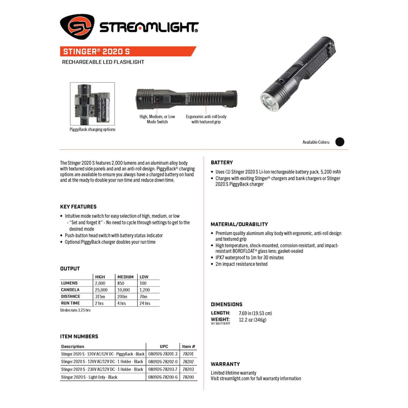 Stinger Streamlight 2020 S 2000 Lumen Rechargeable Flashlight Without Charger - Blue