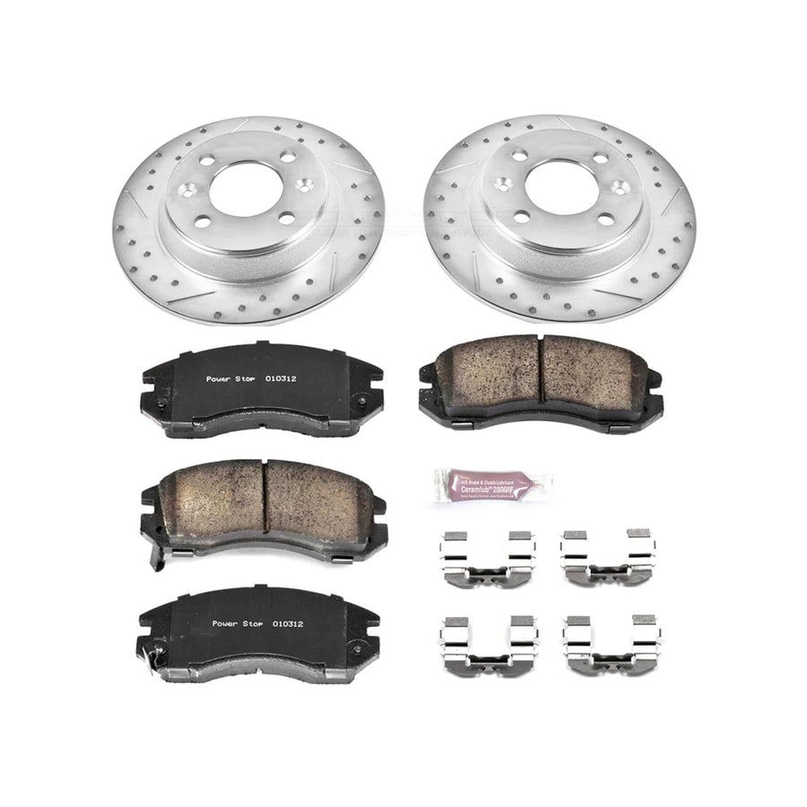 Power Stop K443 Z23 Front Carbon Fiber Brake Pads with Drilled & Slotted Brake Rotors Kit For Subaru Impreza 1993-1996, Subaru Legacy 1990-1996 [Model Specific]