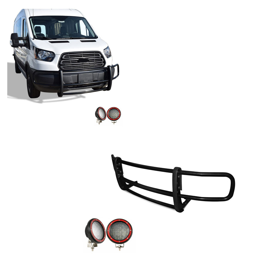 Spartan Black Horse Grille Brush Bumper Guard Modular Come with Pair of 5.3" LED Lights Compatible with 2015-2019 Transit-150|2015-2019 Transit-250|2015-2019 Transit-350-17FOTRMA-PLFR
