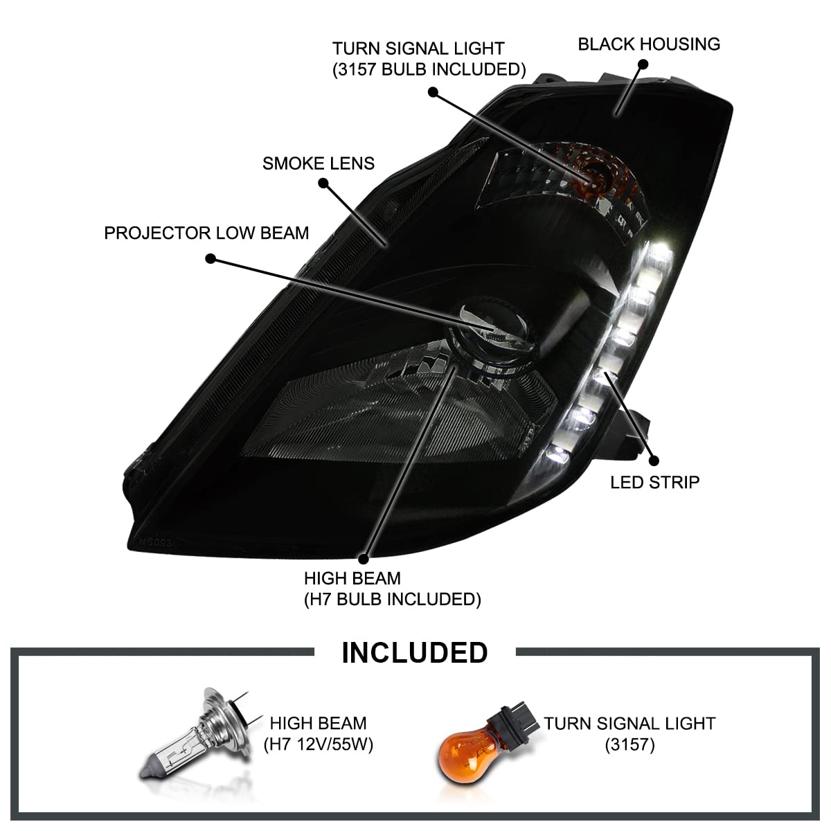 Black Smoke SPEC-D TUNING Projector Headlights w/LED Strip Compatible with 2003-2005 Nissan 350Z With Factory HID Headlights, Left + Right Pair Headlamps Assembly