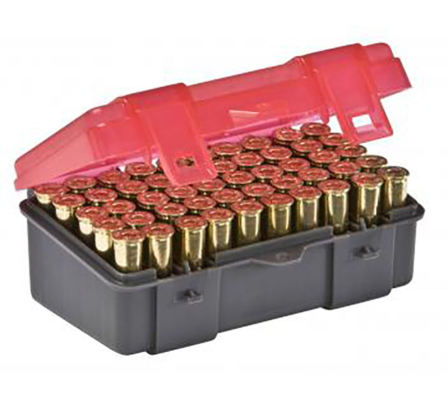 Plano Handgun Ammo Box 50-Count, Dark Gray, Lockable Ammunition Storage, Small Plastic Ammo Box with Dependable Closures and Deep Individual Slots for .357 & .38