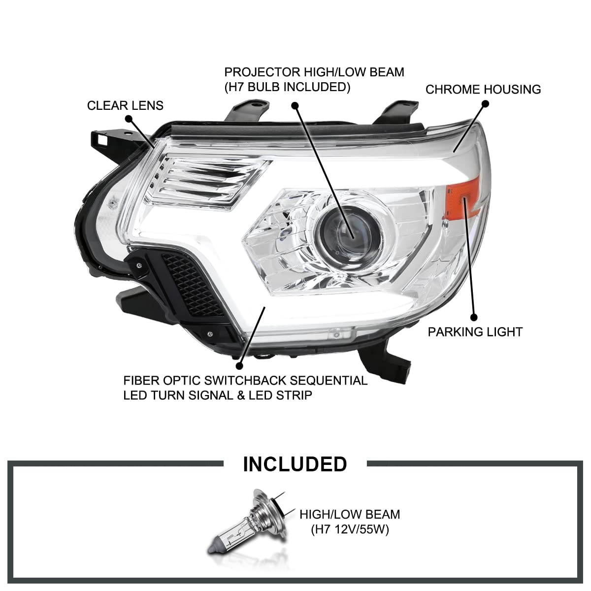 Spec-D Tuning Sequential Switchback LED Signal Bar Projector Headlight Compatible with 2012-2015 Toyota Tacoma Left + Right Pair Headlamps Assembly