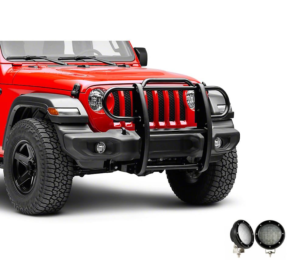 Bumper Guard Modular Black Black Horse Grille Brush Come with Pair of 5.3" Dia.LED Lights with Black Trim Rings Compatible with 2020-2024 Jeep Gladiator|2018-2024 Jeep Wrangler-17JPJLMA-PLFB