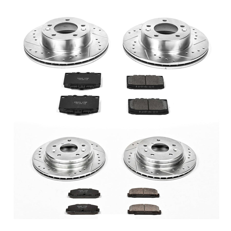 Power Stop K471 Z23 Carbon Fiber Brake Pads Front and Rear with Drilled & Slotted Brake Rotors Kit For Mazda RX-7 1986-1991 [Model Specific]