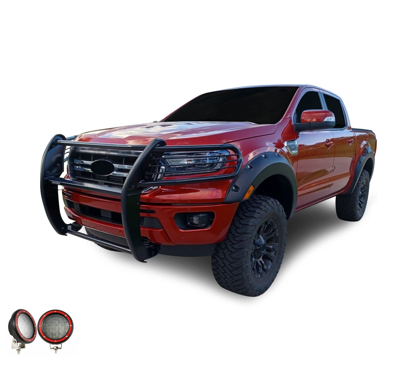 Bumper Guard Black Horse Grille Brush Modular Black Come with Pair of 5.3" Dia.LED Lights with Red Trim Rings Compatible with 2019-2023 Ford Ranger-17FP10MA-PLFR