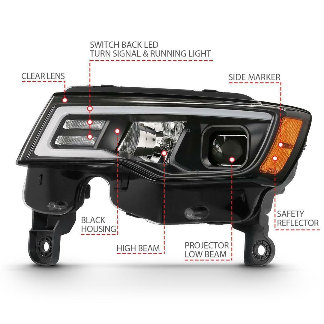 JEEP GRAND CHEROKEE ANZO USA 17-22 PROJECTOR SWITCHBACK LED PLANK STYLE HEADLIGHTS BLACK (NOT FOR HID MODELS)