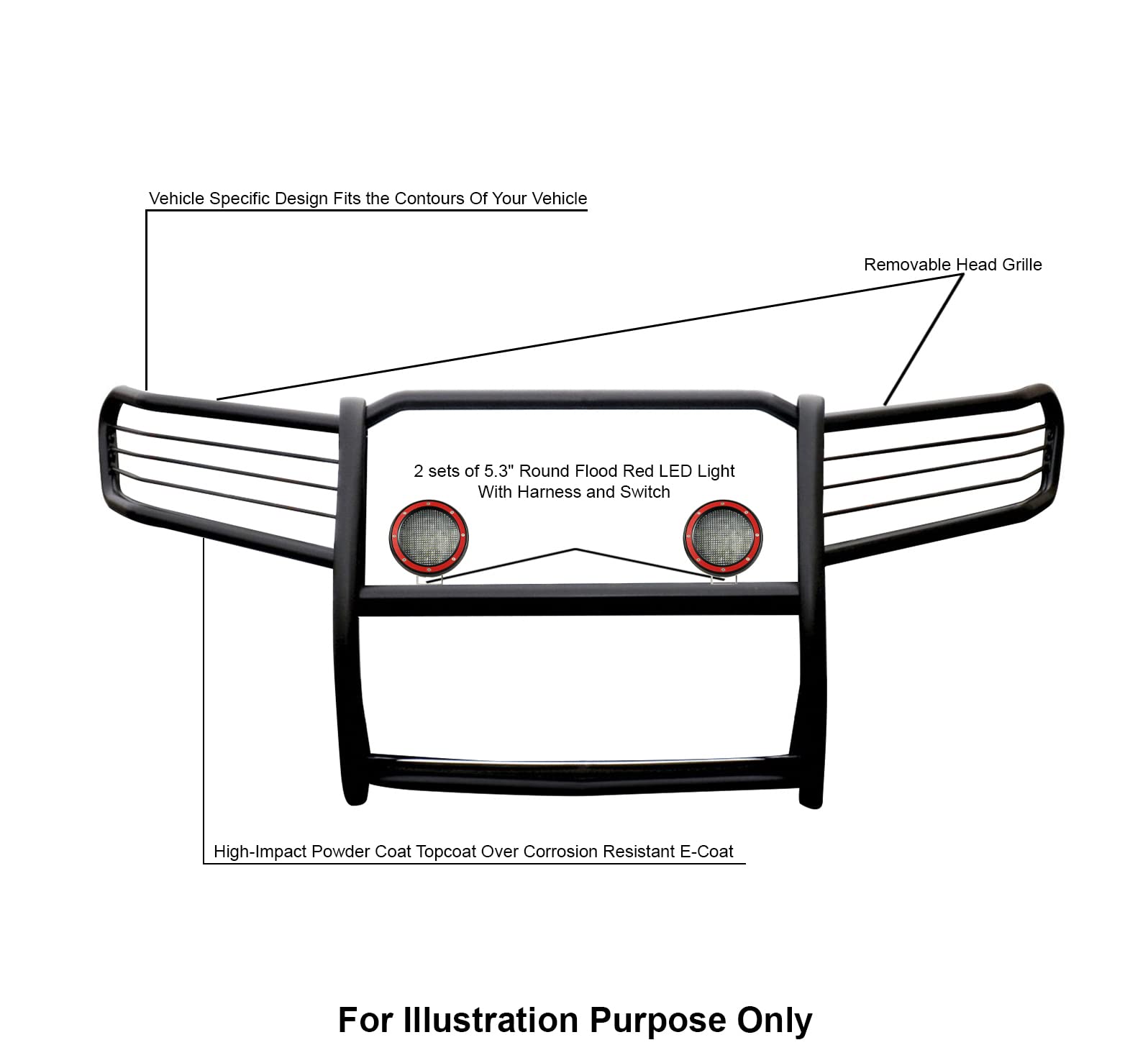 Bumper Guard Black Horse Grille Brush Modular Black Come with Pair of 5.3" Dia.LED Lights with Red Trim Rings Compatible with 2009-2015 Honda Pilot-17H151400MA-PLFR