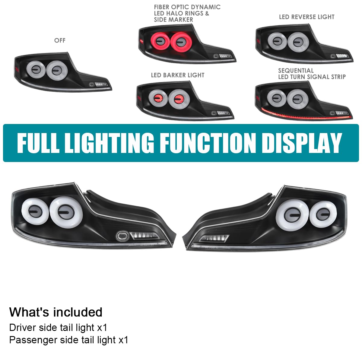 Full LED Tail Lights SPEC-D TUNING w/White Fiber Optic Halo Ring, Sequential Turn Signal, and Startup Animation Compatible with 2003-2007 Infiniti G35, Left + Right Pair Assembly