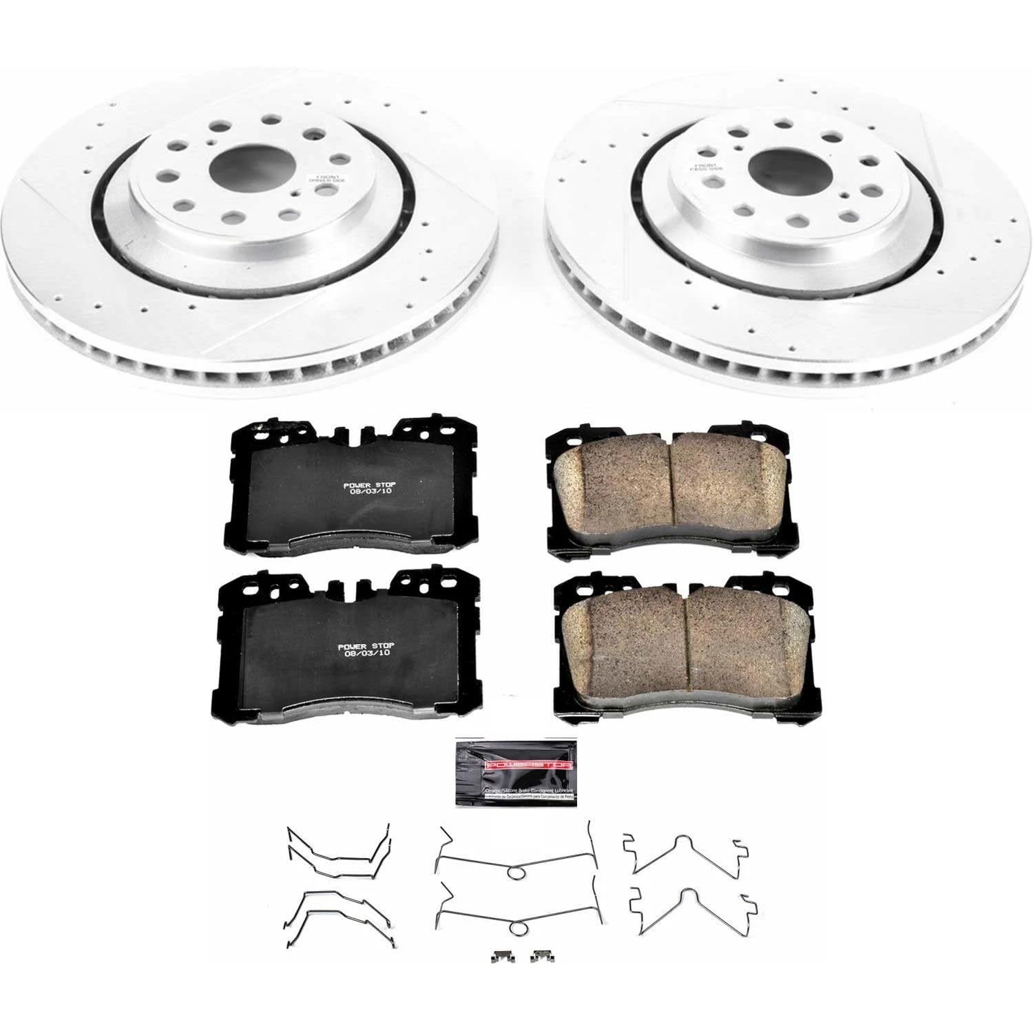Power Stop K5826 Z23 Carbon Fiber Brake Pads with Drilled & Slotted Brake Rotors Kit and 2 Front Sensor Wires For Lexus LS460 2010-2017, Lexus LS600h 2010-2016 [Model Specific]