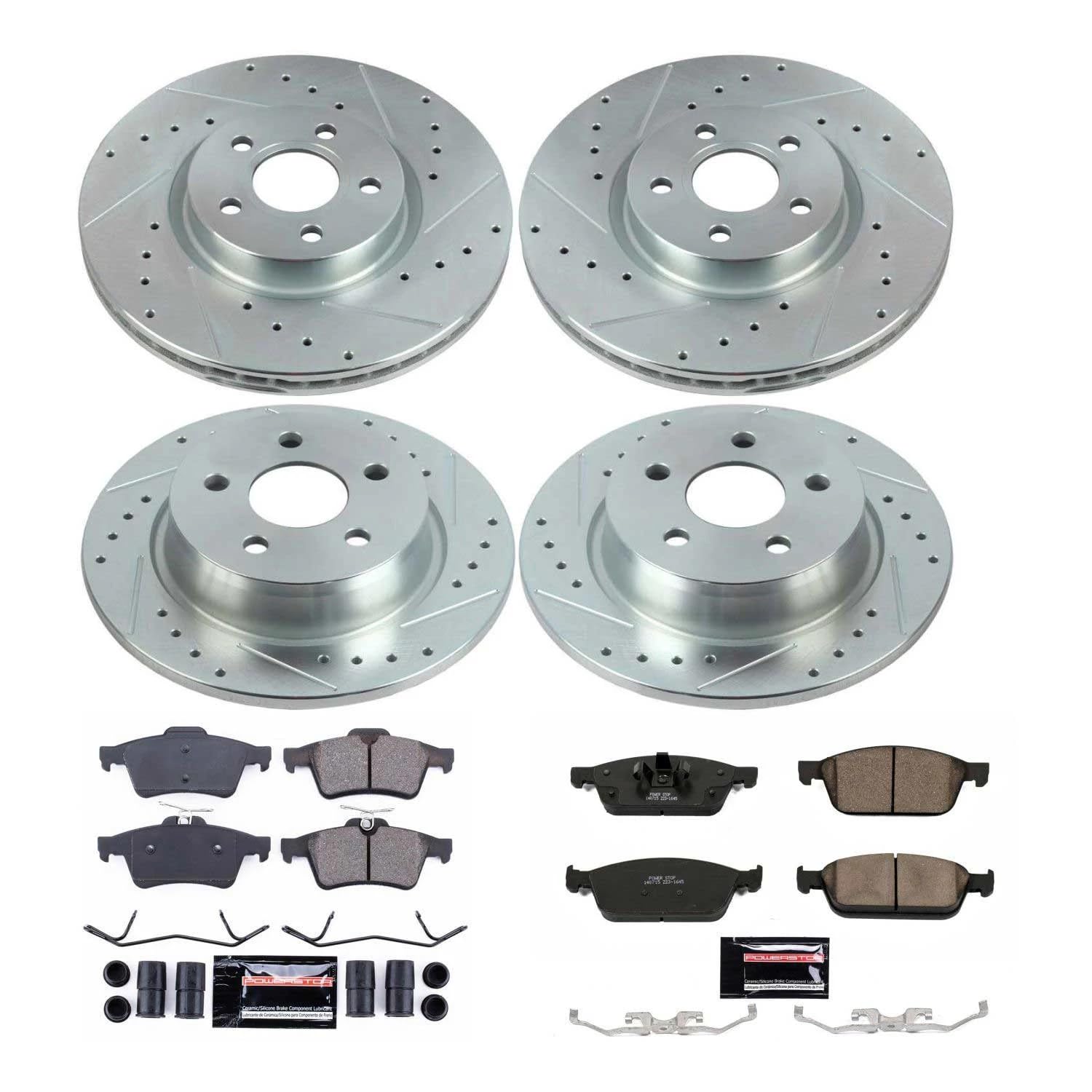 Power Stop K8174 Z23 Carbon Fiber Brake Pads Front and Rear with Drilled & Slotted Brake Rotors Kit For Ford Transit Connect 2018-2023 [Model Specific]