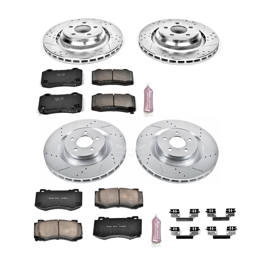 Power Stop K4023 Z23 Carbon Fiber Brake Pads Front and Rear with Drilled and Slotted Brake Rotors Kit For Chrysler 300 Dodge Challenger Charger