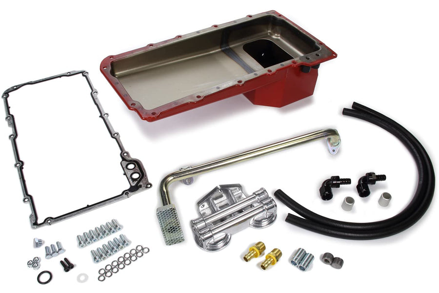 LS SWAP OIL PAN/FILTER RELOCATION KIT; TRANS-DAPT PERFORMANCE, DOUBLE FILTER; HORIZONTAL PORT, RED PAN (0177)