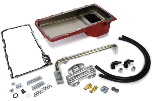 LS SWAP OIL PAN/FILTER RELOCATION KIT; TRANS-DAPT PERFORMANCE, DOUBLE FILTER; HORIZONTAL PORT, RED PAN (0177)