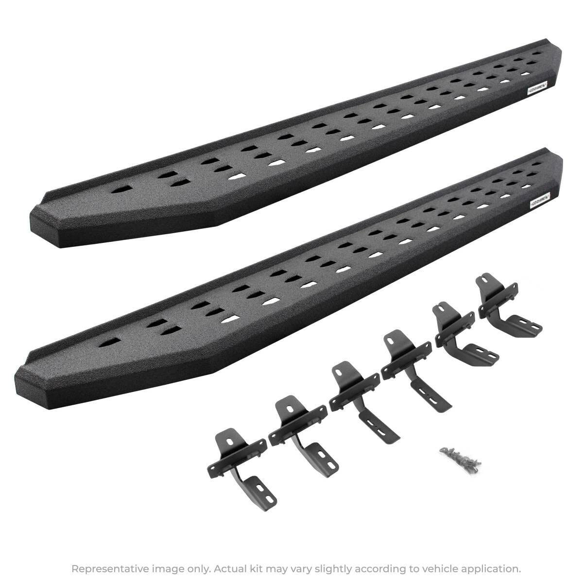 RB20 Running Boards & Brackets Go Rhino | Galvanized Steel, Protective Bedliner Coating | 69404887T | Fits 2019 - 2025 Chevrolet Silverado & GMC Sierra Crew Cab (See description)