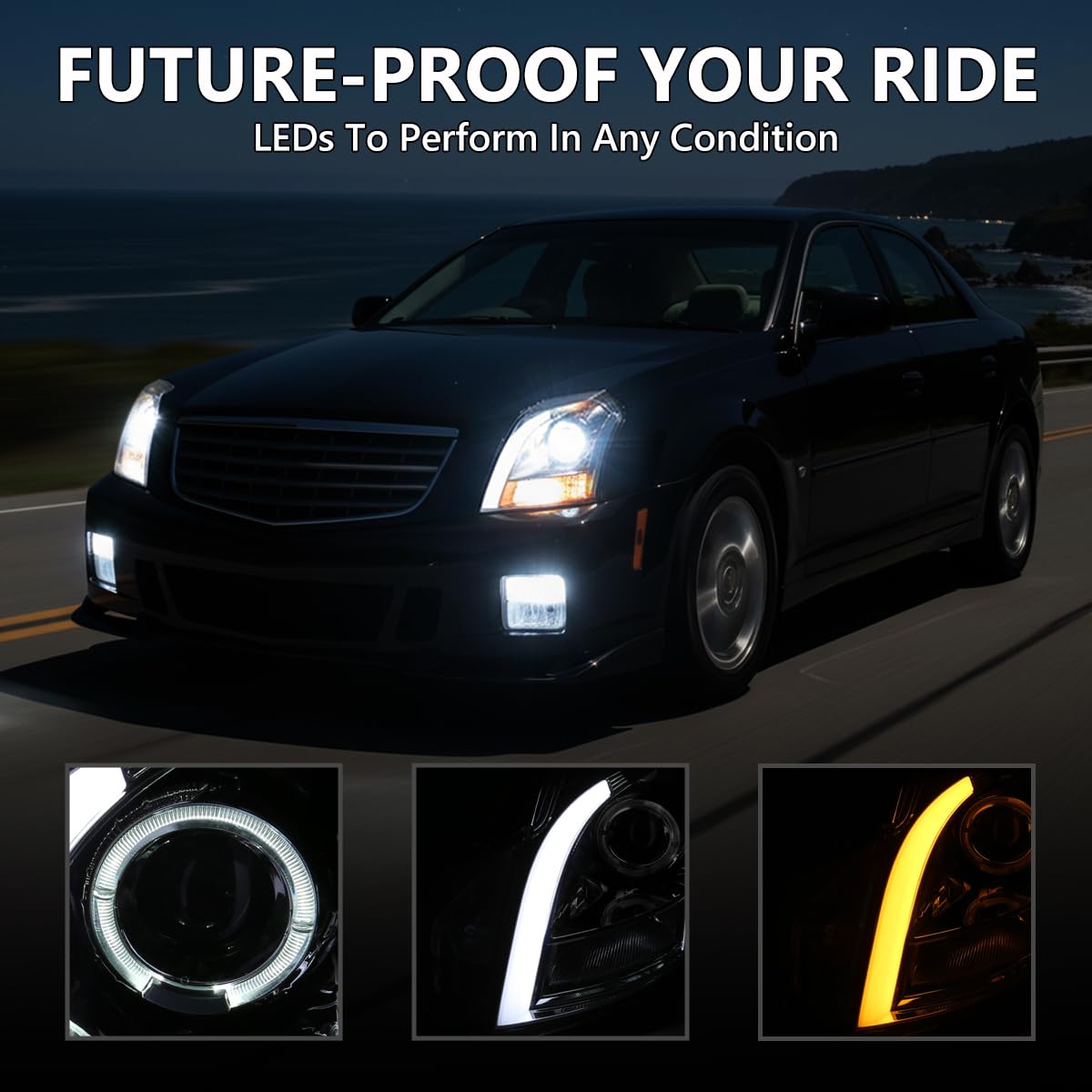 Chrome Halo Projector Headlights SPEC-D TUNING w/Switchback LED Signal Tube Compatible with 2003-2007 Cadillac CTS, Left + Right Pair Headlamps Assembly