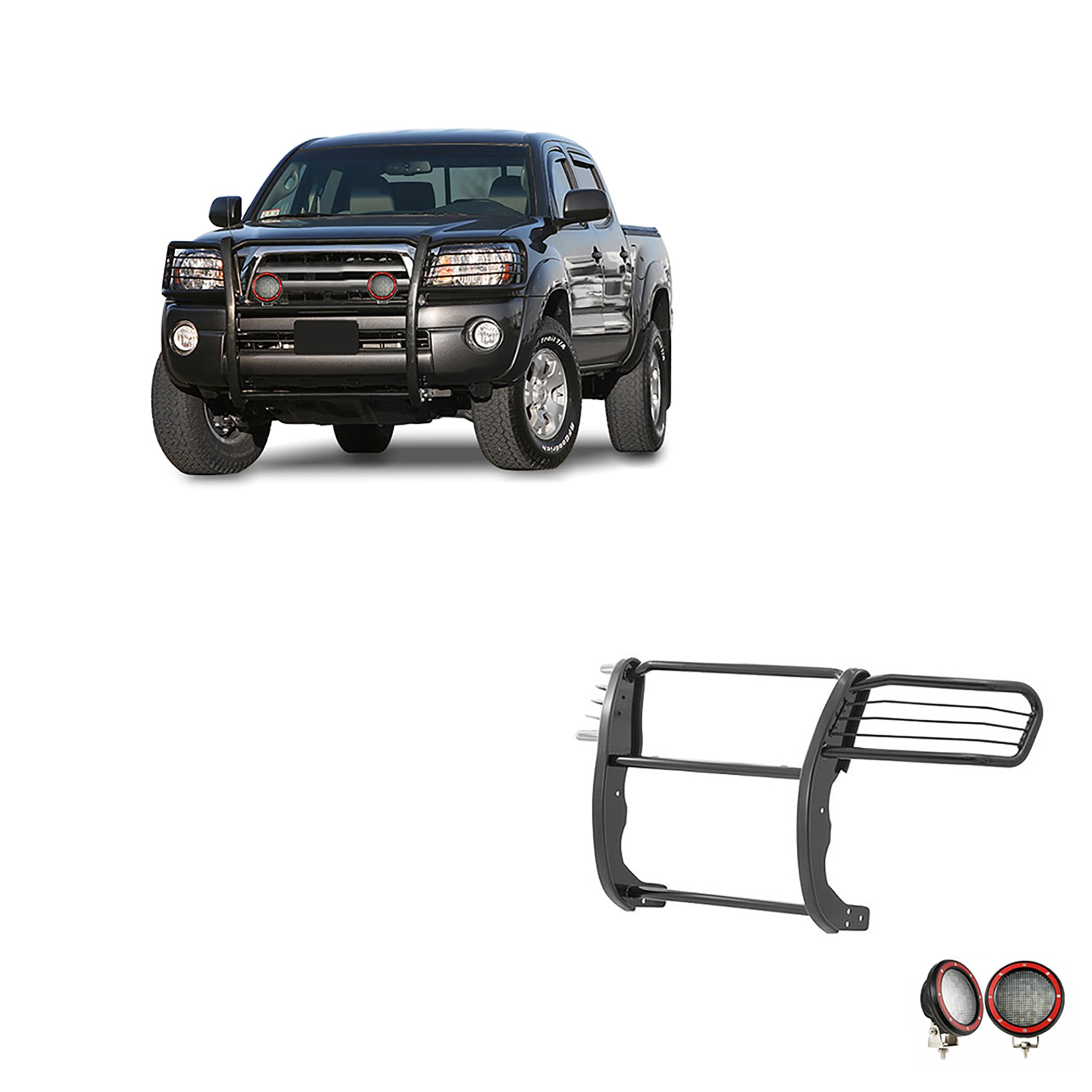 Bumper Guard Black Horse Grille Brush Modular Black Come with Pair of 5.3" Dia.LED Lights with Red Trim Rings Compatible with 2005-2015 Toyota Tacoma-17A096400MA-PLFR