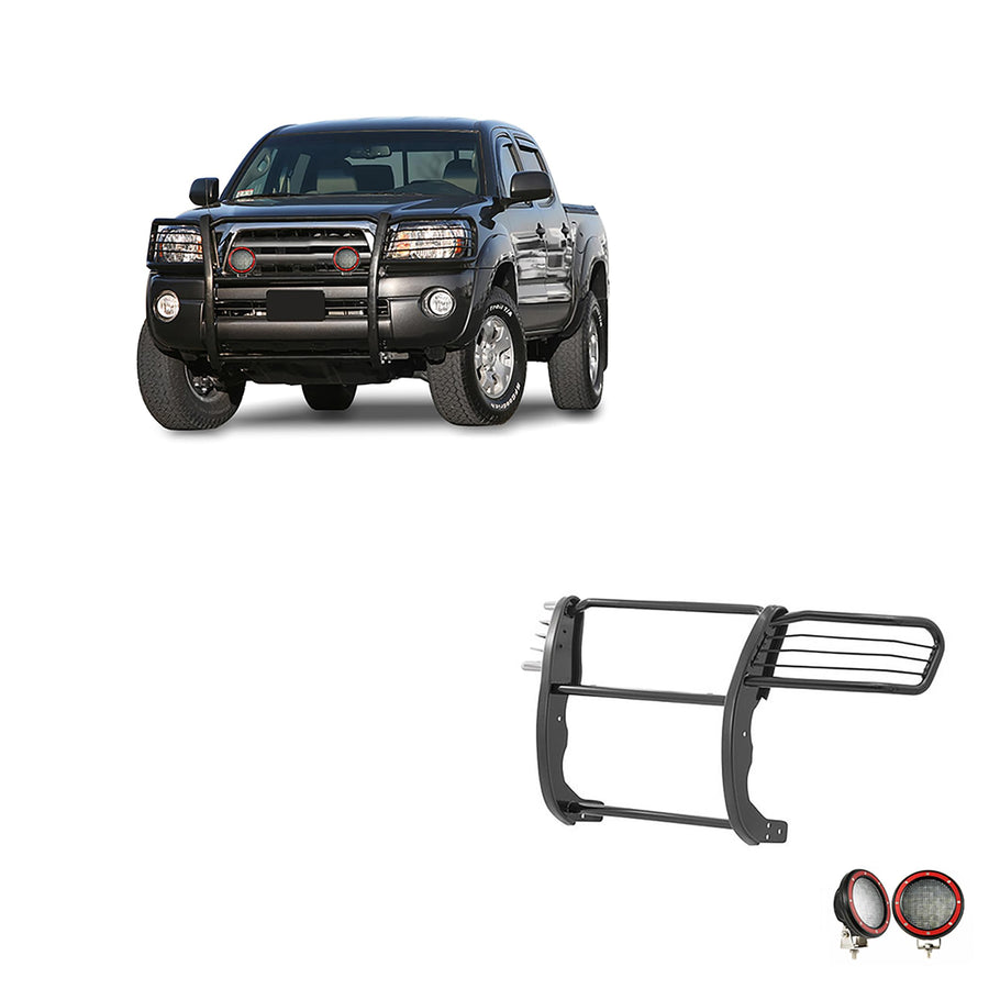 Bumper Guard Black Horse Grille Brush Modular Black Come with Pair of 5.3" Dia.LED Lights with Red Trim Rings Compatible with 2005-2015 Toyota Tacoma-17A096400MA-PLFR