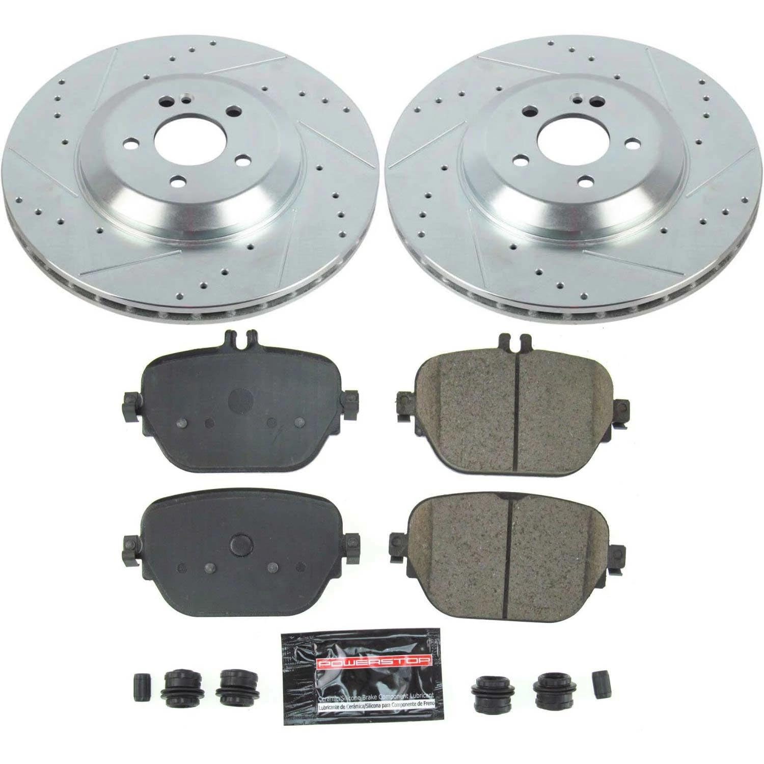 Power Stop Z23 K8153 Rear Brake Kit-Drilled/Slotted Brake Rotors & Carbon Ceramic Brake Pads and 1 Rear Sensor Wire For CLS450, CLS53 AMG, E, E43 AMG, E450, E53 AMG [Model Specific]