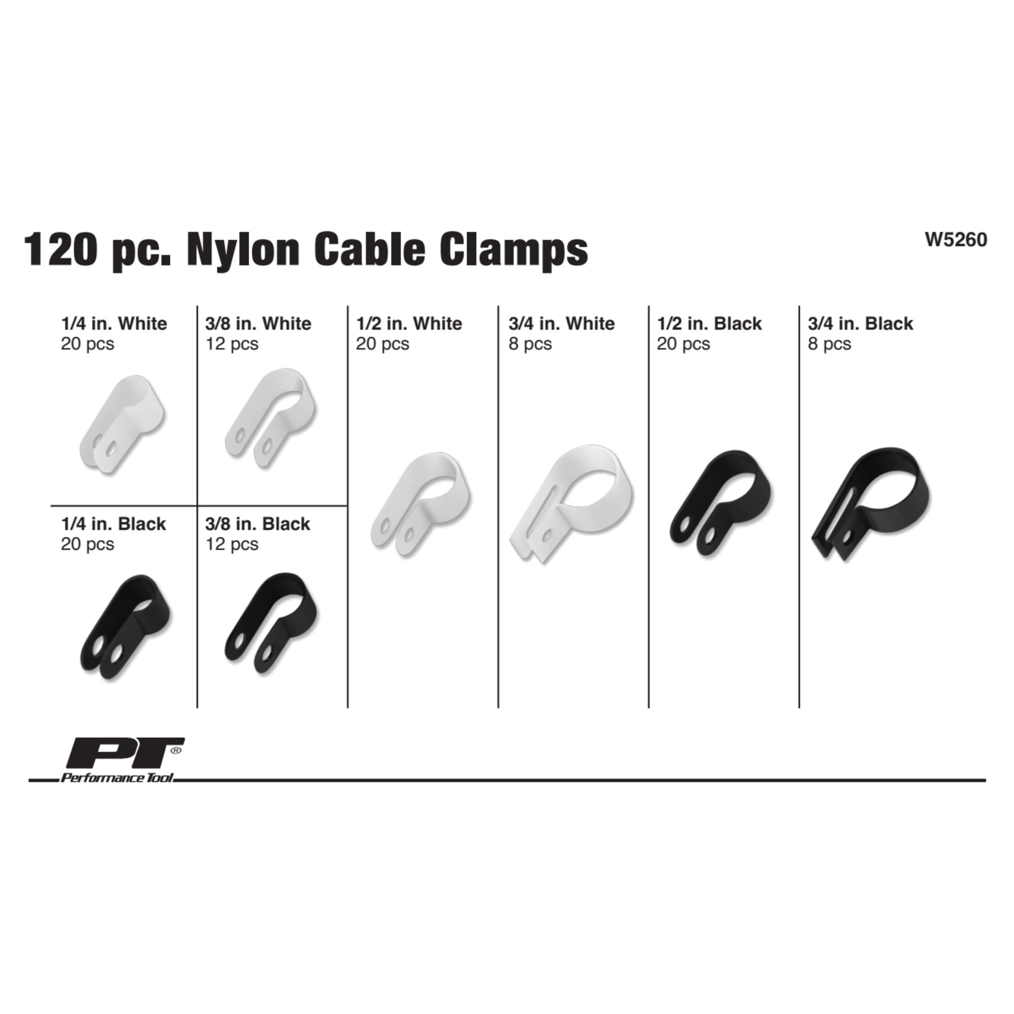 W5260 Performance Tool 120 pc. Nylon Cable Clamp Assortment Kit - Secure and Organize Wires and Cables for Home, Office, and Automotive Use