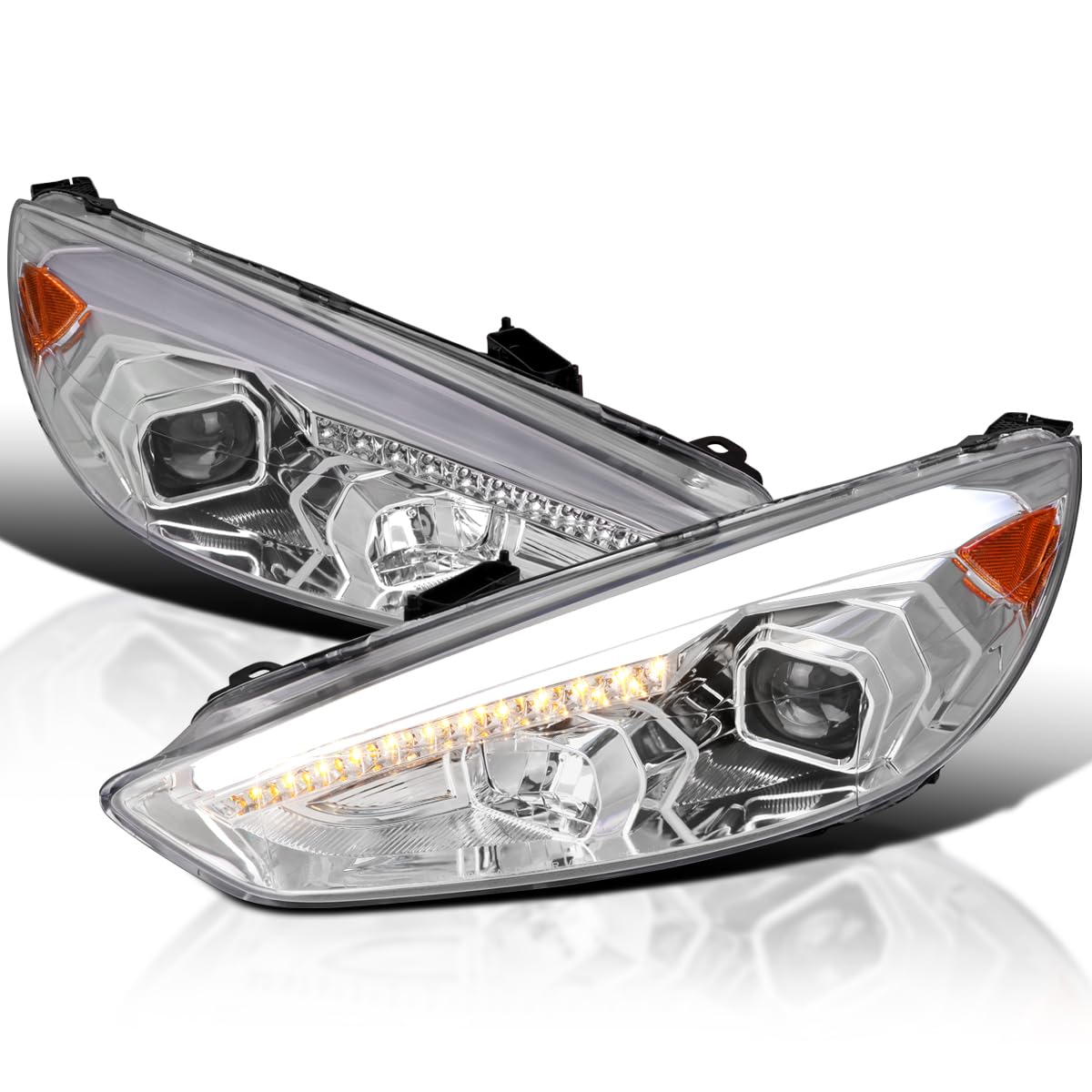 Chrome Projector Headlights SPEC-D TUNING w/Sequential LED Signal Tube Compatible with 2015-2018 Ford Focus, Left + Right Pair Headlamps Assembly