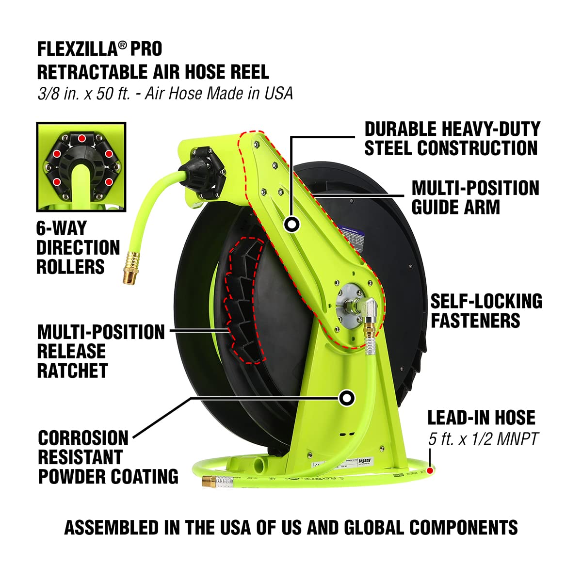 Flexzilla Pro Air Hose Reel Performance Series, 3/8 in. x 50 ft., Heavy Duty, Lightweight, Hybrid, ZillaGreen - L8011FZ