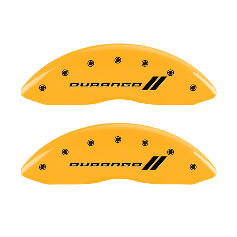 Caliper Covers MGP 12197SDGOYL, Set of 4 (Yellow Engraved Front and Rear: with Stripes/Durango Powder Coat Finish Black Characters)