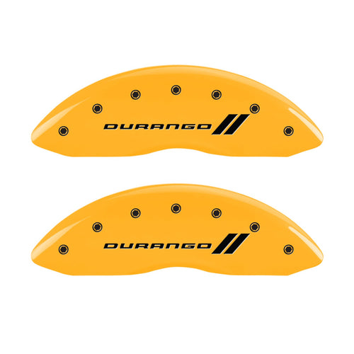 Caliper Covers MGP 12197SDGOYL, Set of 4 (Yellow Engraved Front and Rear: with Stripes/Durango Powder Coat Finish Black Characters)