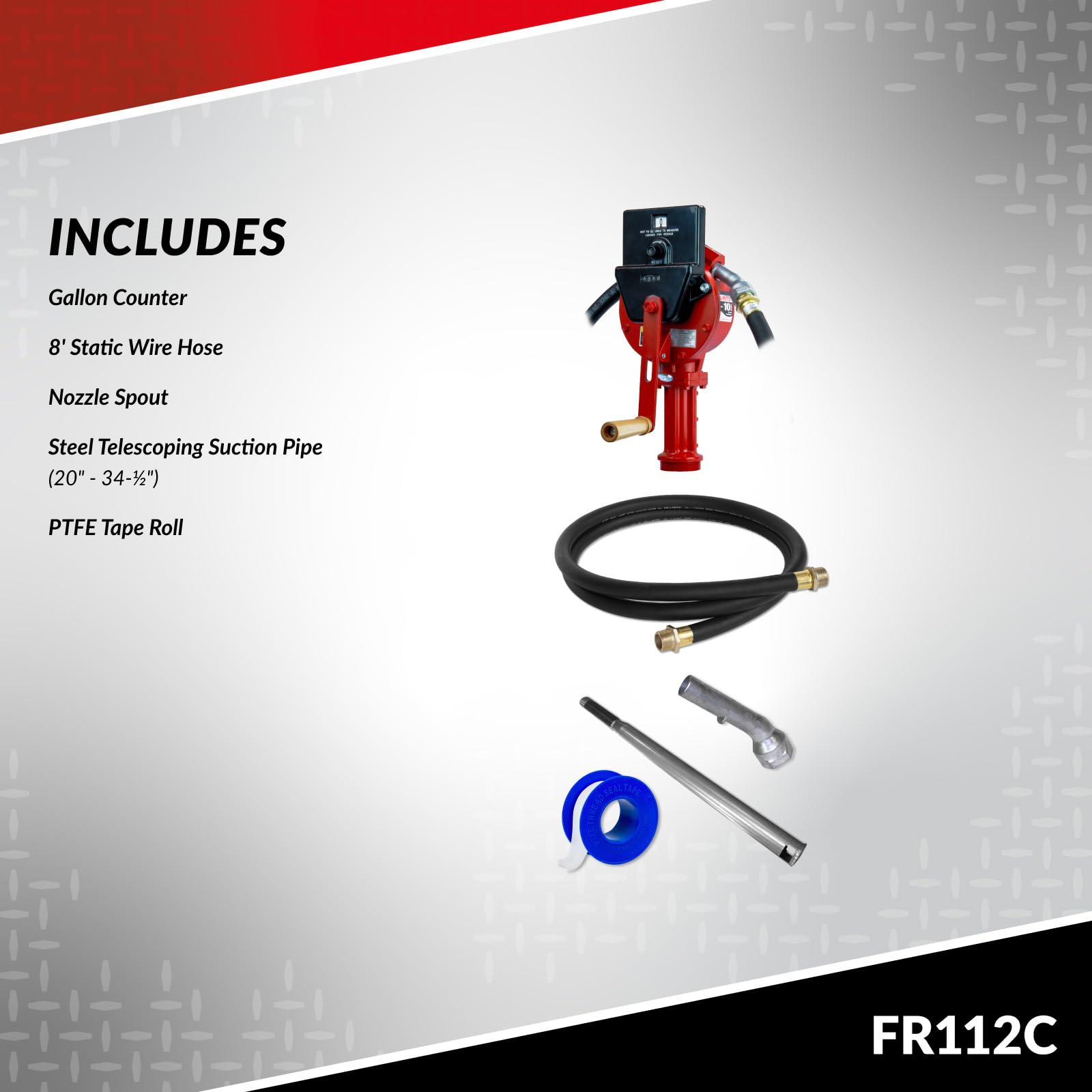 Fill-Rite Fuel Transfer FR112C Rotary Hand Pump w/Gallon Counter, Discharge Hose, Nozzle Spout, & Suction Pipe