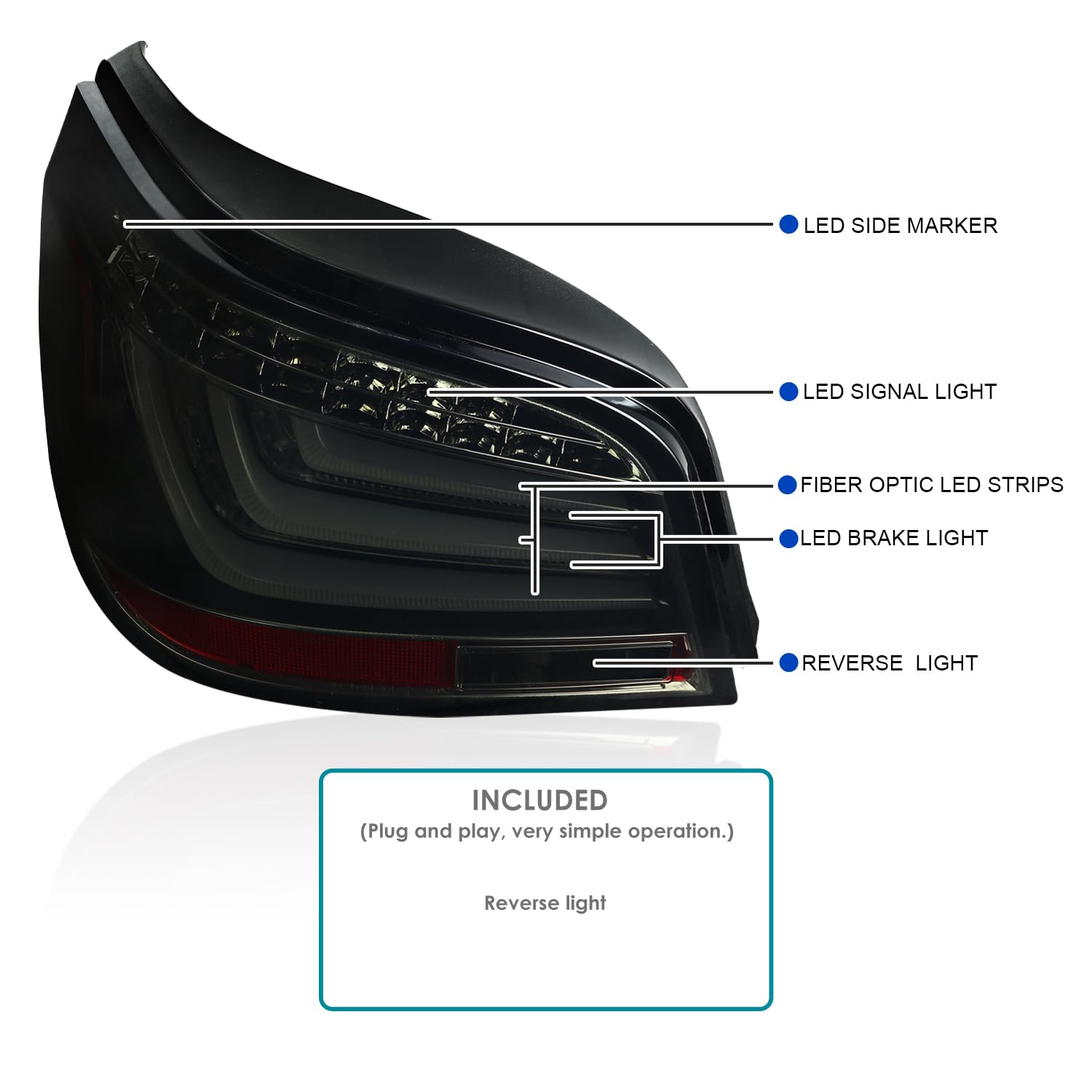 Glossy Black Smoke LED Bar Tail Lights SPEC-D TUNING Compatible with 2008-2010 BMW E60 5-Series 4 Door, Left + Right Pair Assembly