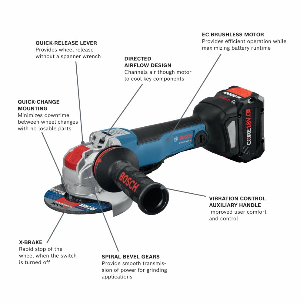 Bosch 18V GWX18V-50PCB14 X-LOCK Brushless Connected-Ready 4-1/2 In. – 5 In. Angle Grinder with No Lock-On Paddle Switch Kit and (1) CORE18V® 8 Ah High Power Battery