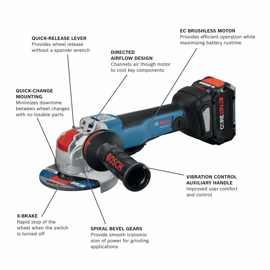 Bosch 18V GWX18V-50PCB14 X-LOCK Brushless Connected-Ready 4-1/2 In. – 5 In. Angle Grinder with No Lock-On Paddle Switch Kit and (1) CORE18V® 8 Ah High Power Battery