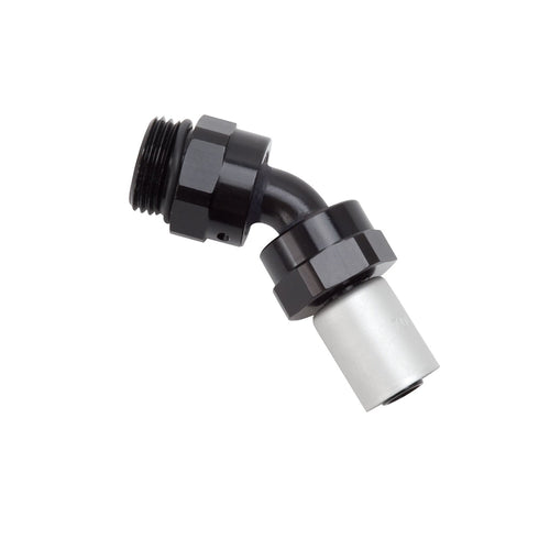 HOSE END CRIMP ON -8 HOSE TO #10 SAE PORT MALE 45 DEG SWIVEL BLK ANODIZED