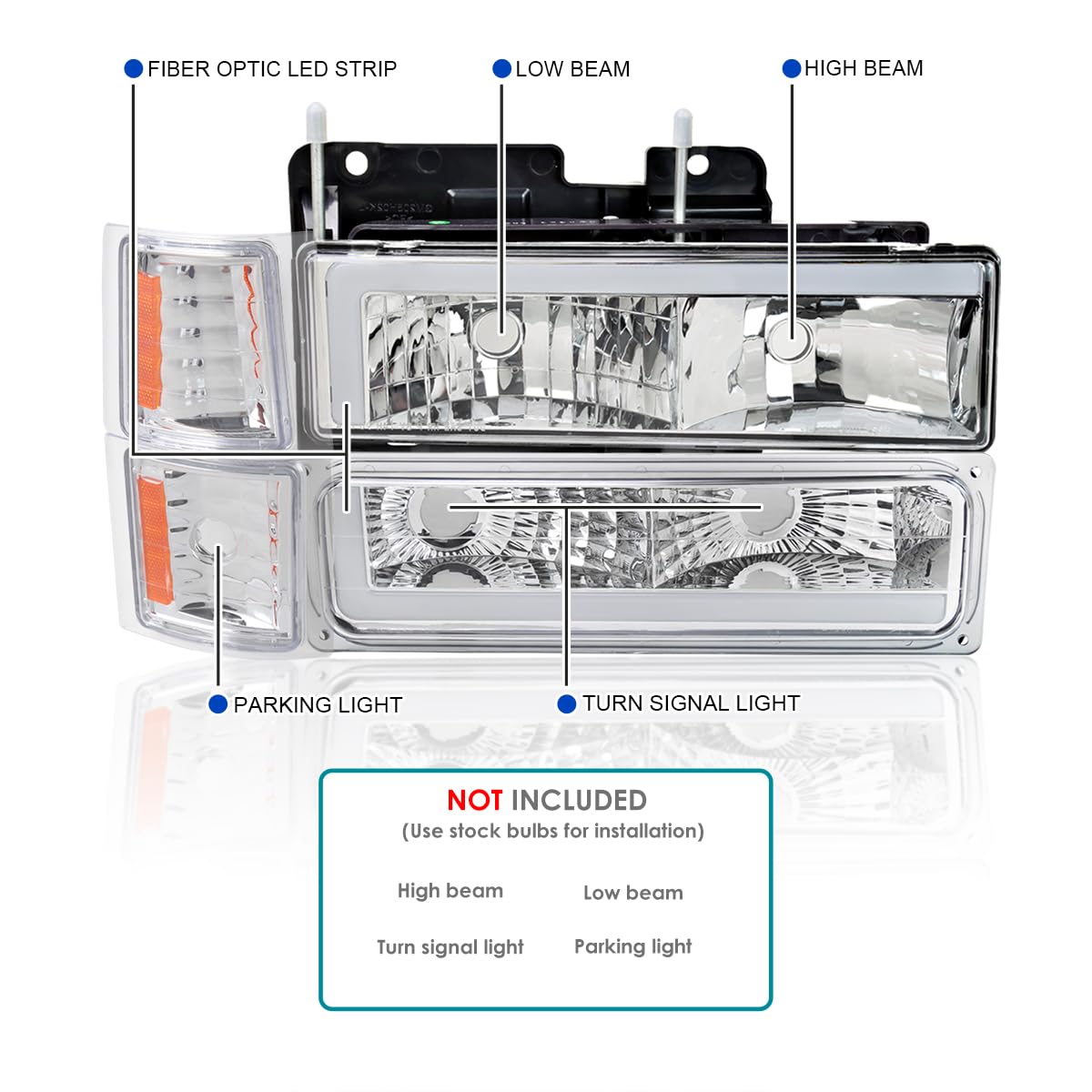 Chrome Headlights + Corner Lights + Bumper Lights w/LED Tube SPEC-D TUNING Compatible with 1994-1998 Chevy C10 C/K Tahoe Suburban