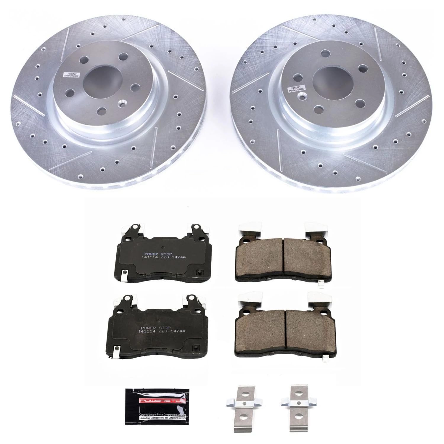 Power Stop K6798 Z23 Carbon Fiber Brake Pads Front with Drilled & Slotted Brake Rotors Kit For Tesla S 2012-2021, Tesla X 2016-2021 [Model Specific]