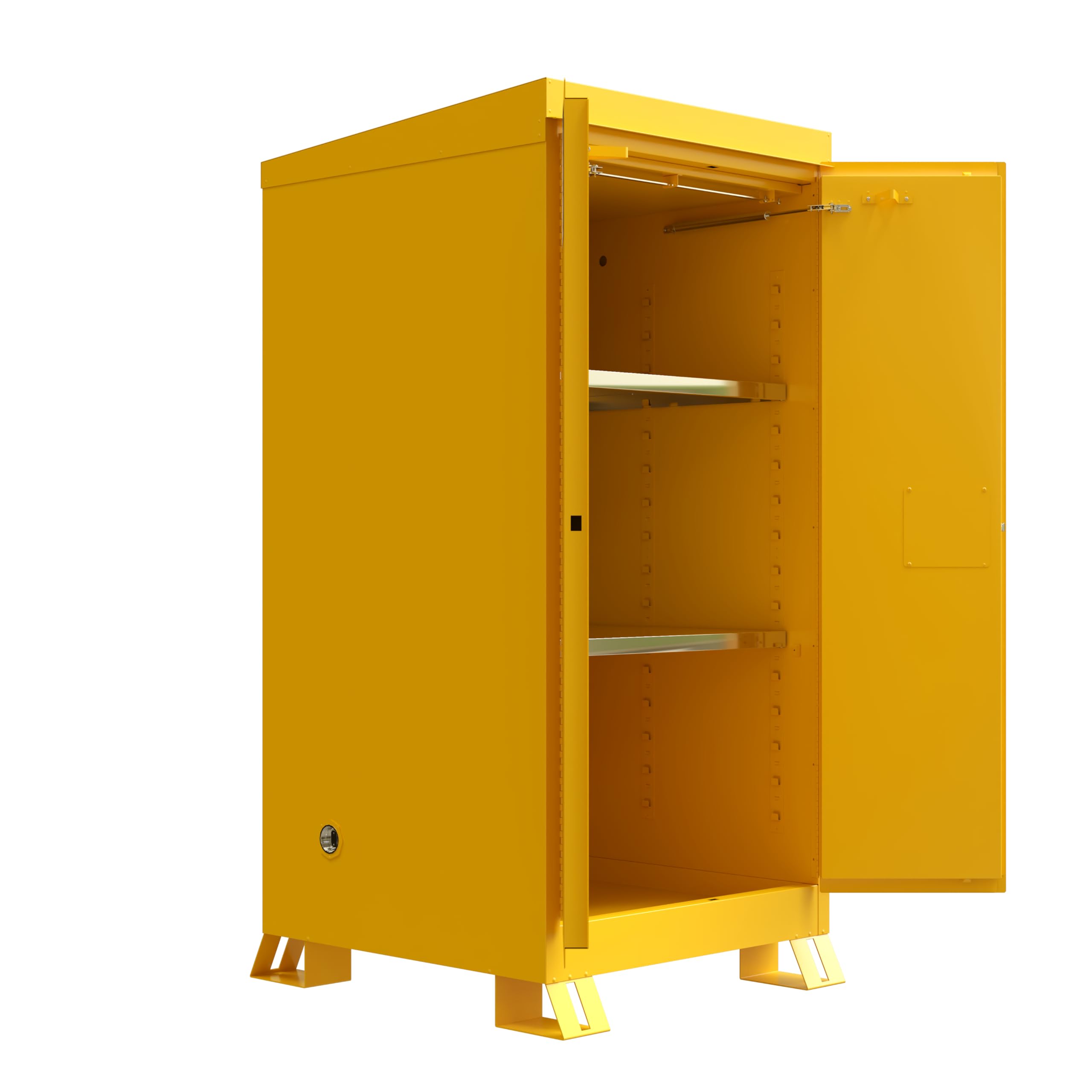 Justrite Outdoor Reinforced Steel Flammable Liquid Storage Cabinet, 2 Shelves with 350 lb. Capacity, 2 Self-Close Door Fire Cabinet, 60 Gallon, 72" x 34" x 38", Yellow, 816020