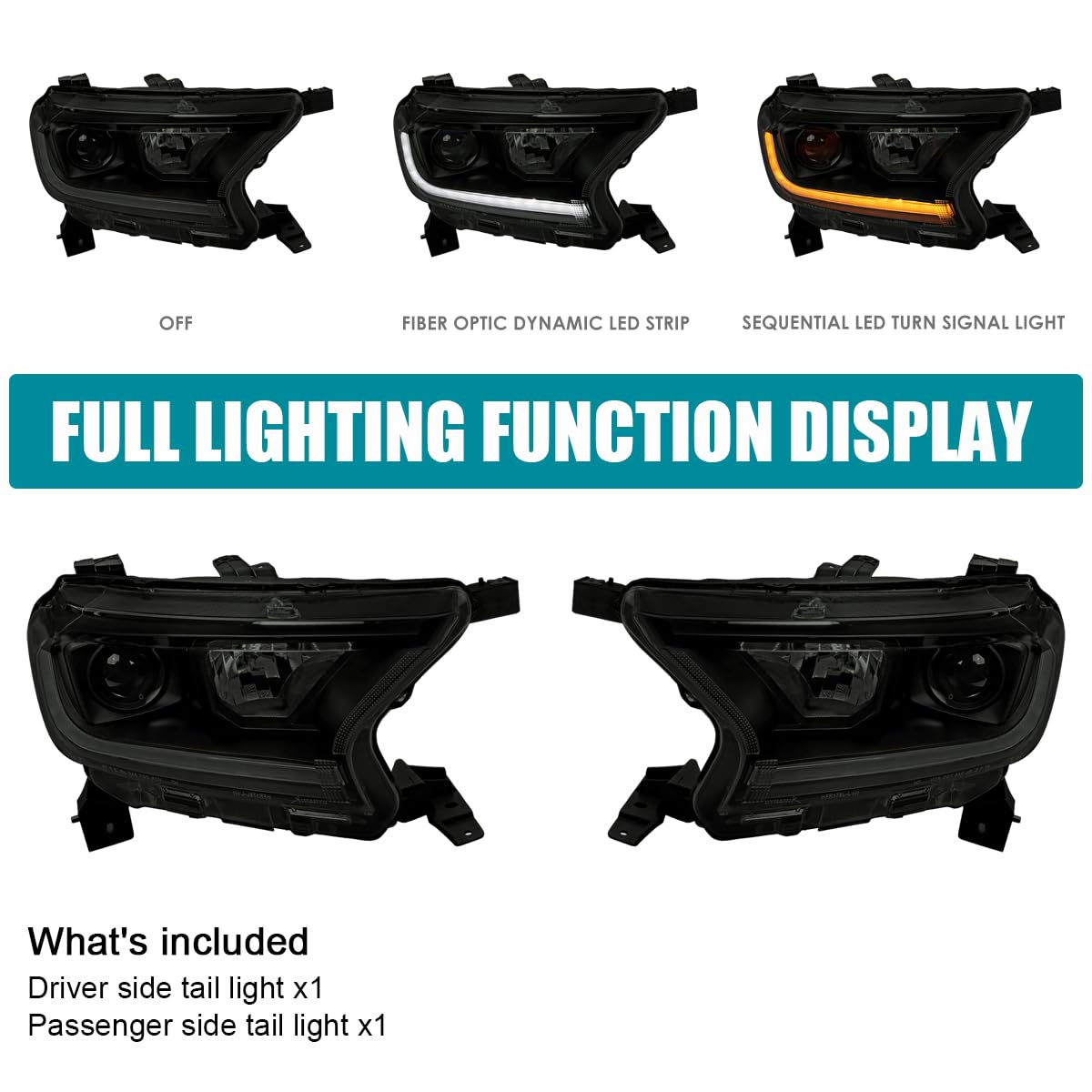 Black Smoke SPEC-D TUNING Sequential Projector Headlights Compatible with 2019-2022 Ford Ranger XL/XLT, Left + Right Pair Headlamps Assembly