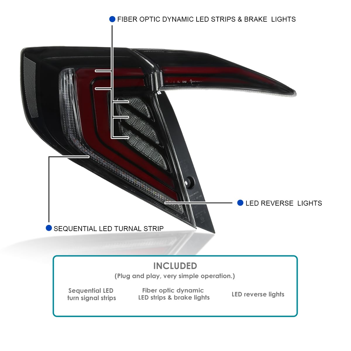 Glossy Black Smoke SPEC-D TUNING Tail Lights w/Red LED Bars, Sequential LED Turn Signal, and Startup Animation Compatible with 2016-2021 Honda Civic 4-Door Sedan, Left + Right Pair Assembly