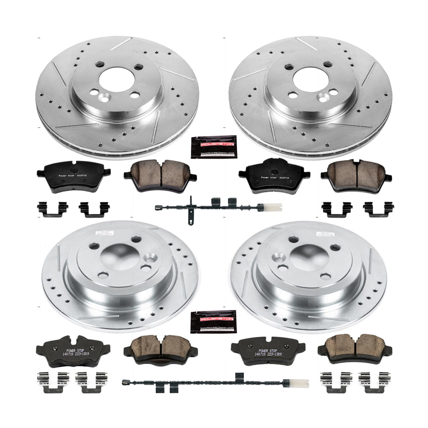 Power Stop K6742 Z23 Carbon Fiber Brake Pads Front and Rear with Drilled & Slotted Brake Rotors Kit and 1 Front & 1 Rear Sensor Wires For Mini Cooper 2012-2015 [Model Specific]