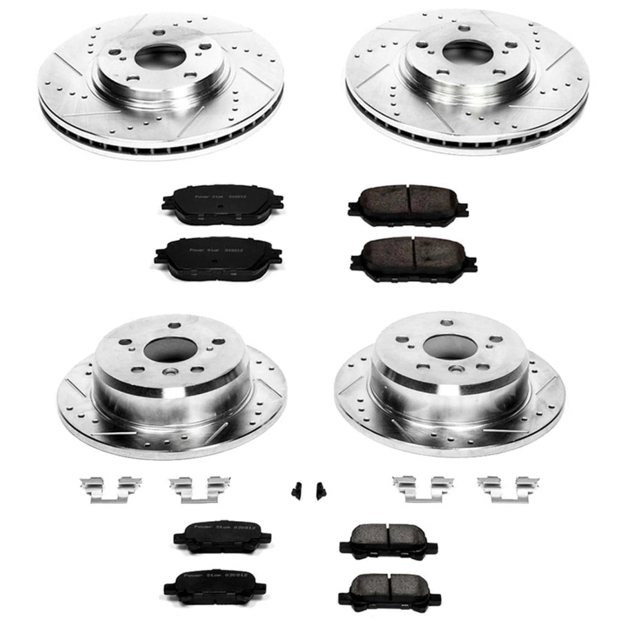 Power Stop K1144 Z23 Carbon Fiber Brake Pads Front and Rear with Drilled & Slotted Brake Rotors Kit For Toyota Camry 2002-2004 [Model Specific]