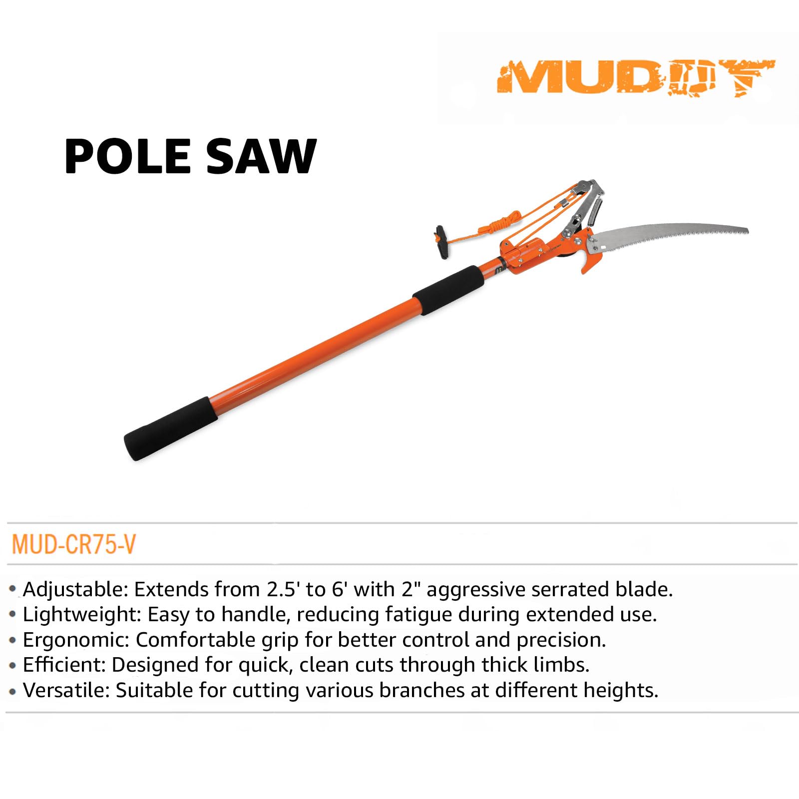 12-inch Muddy Pole Saw - Serrated Blade Compact Durable Lightweight Ergonomic Versatile Extendable Tree Saw with Pruners & Cord for Outdoor Use