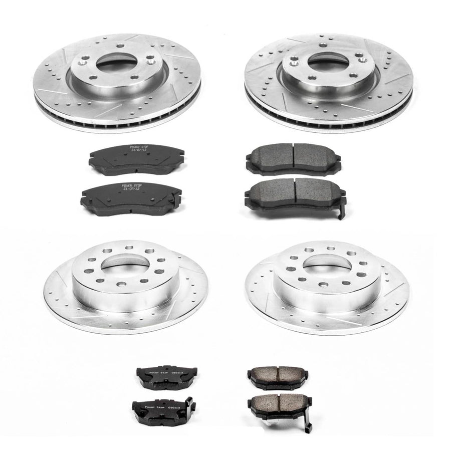 Power Stop K164 Z23 Carbon Fiber Brake Pads Front and Rear with Drilled & Slotted Brake Rotors Kit For Hyundai Tiburon 2004-2006 [Model Specific]