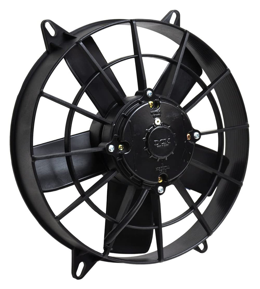 DERALE High Output Electric Cooling Fan, 11 in Fan, Puller, 1380 CFM, 12V, Curved Blade, 12 x 12.313 in, 2.25 in Thick, Install Kit, Plastic, Kit