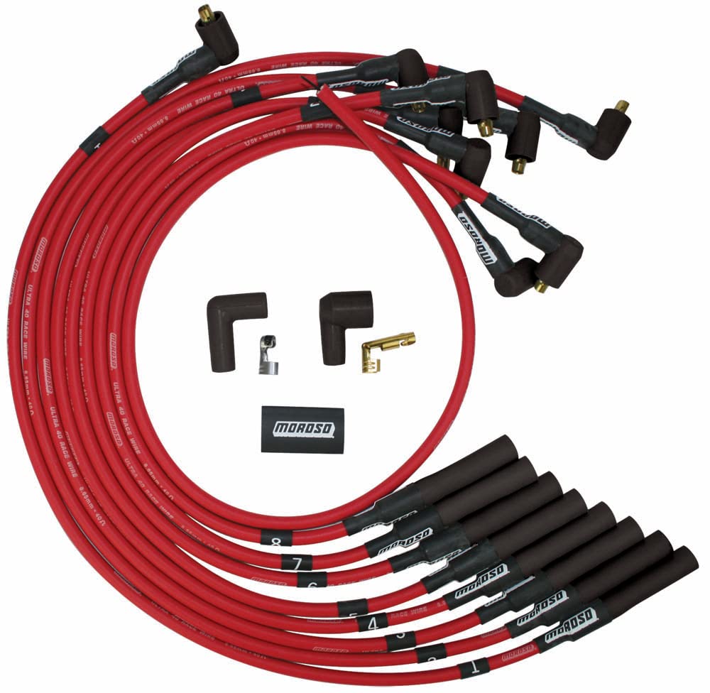 Moroso Red 73687 Ultra 40 Spark Plug Wire Set, Fits Big Block Chevy Over Valve Cover, Non HEI Distributor Ends, Straight Plug Ends