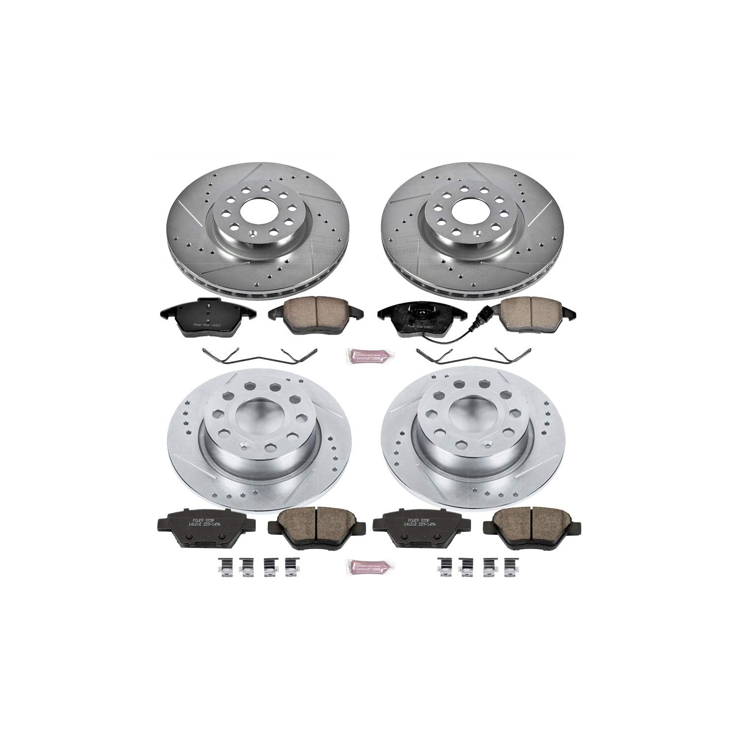 Power Stop K7280 Z23 Carbon Fiber Brake Pads with Front and Rear Drilled & Slotted Brake Rotors Kit