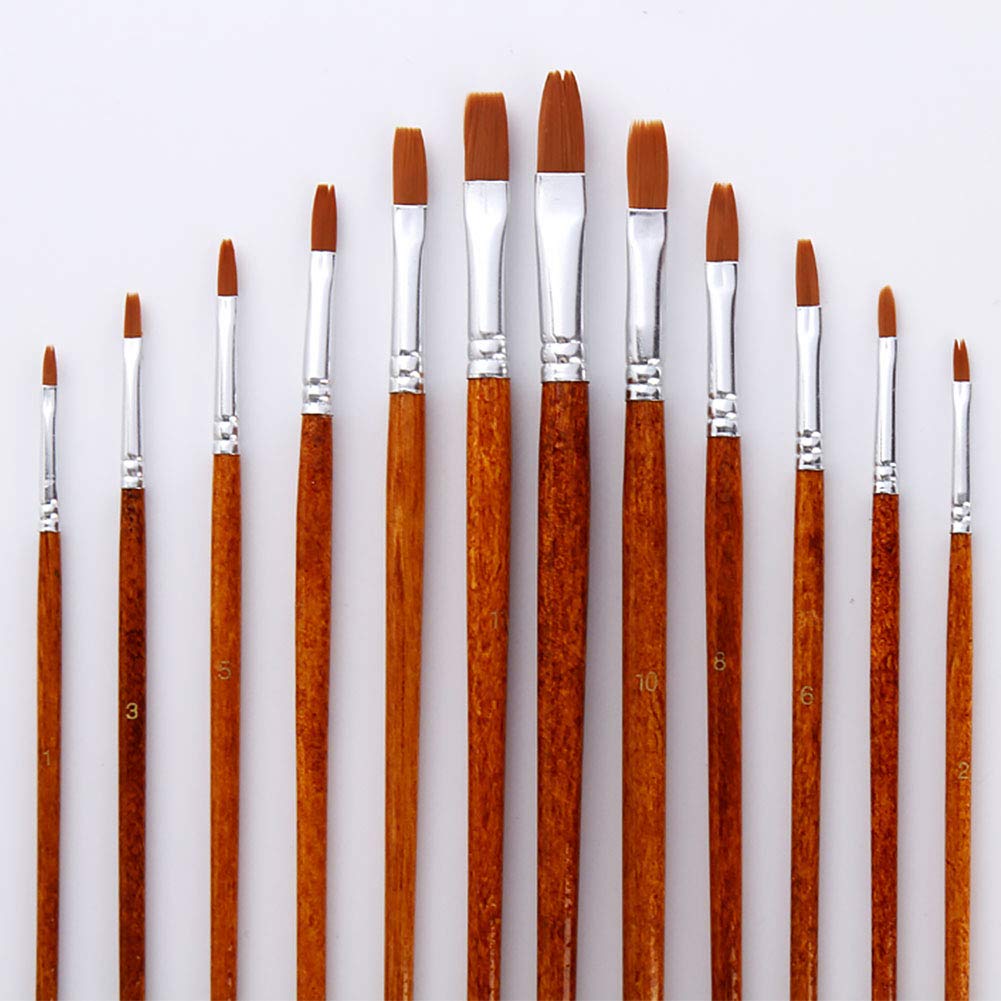 12pcs Paint Brush Oil Painting Set Watercolor Acrylic Wood Handles Art Supplies Reusable Nylon Fine Pointed Flat Drawing