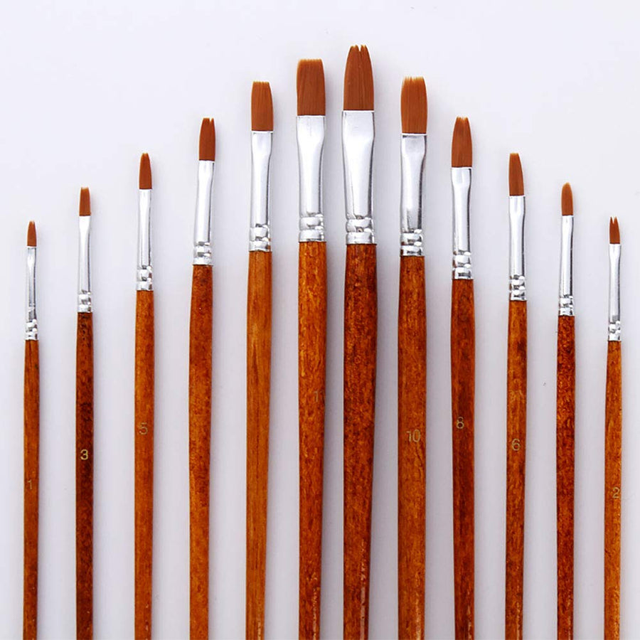 12pcs Paint Brush Oil Painting Set Watercolor Acrylic Wood Handles Art Supplies Reusable Nylon Fine Pointed Flat Drawing