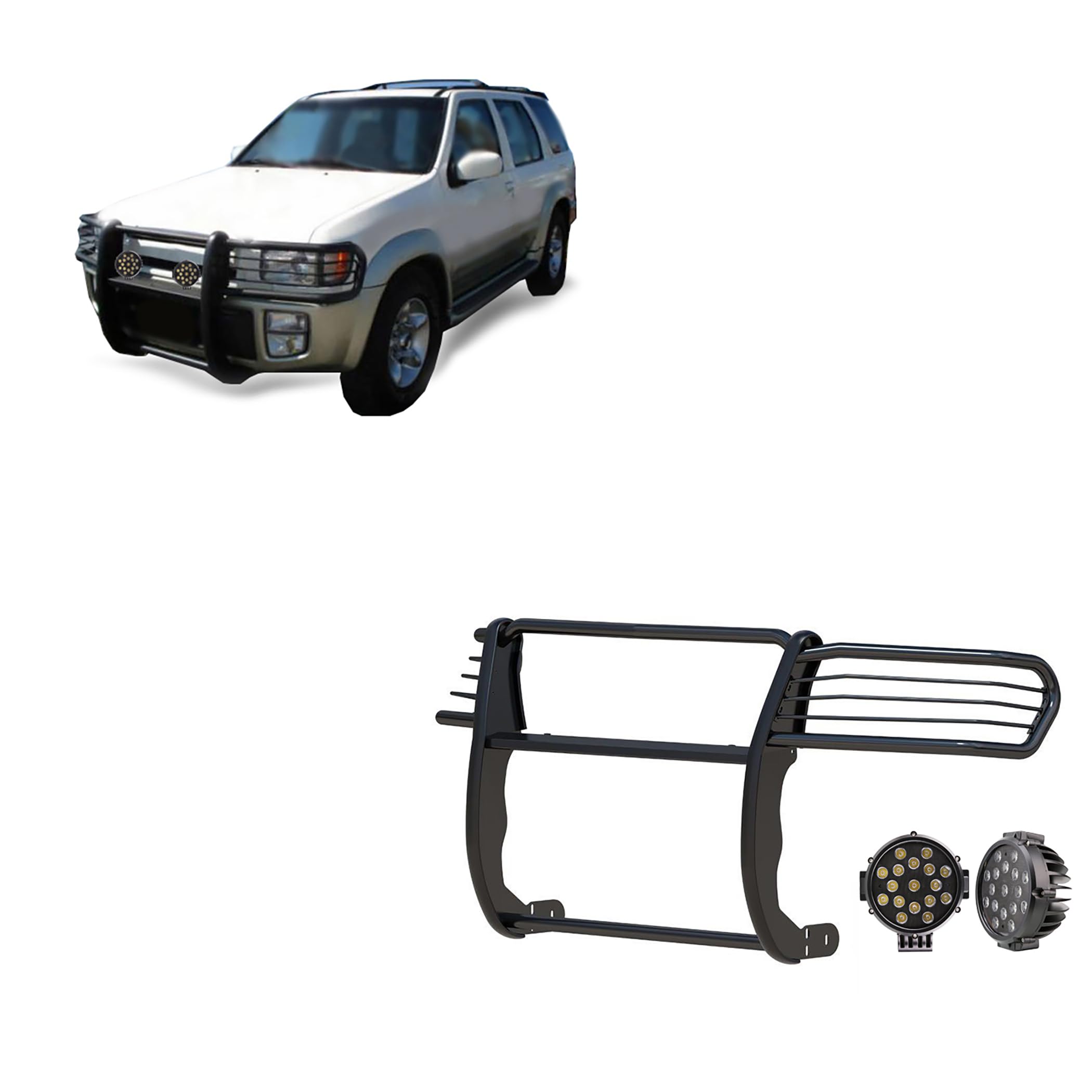 Bumper Guard Modular Black Horse Grille brush Come With pair of 7.0"Dia.LED Lights with Black Trim Rings Compatible with 1997-2003 Infiniti QX4|1996-2004 Nissan Pathfinder-17NE23MA-PLB