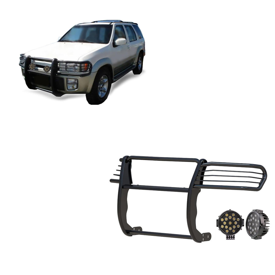 Bumper Guard Modular Black Horse Grille brush Come With pair of 7.0"Dia.LED Lights with Black Trim Rings Compatible with 1997-2003 Infiniti QX4|1996-2004 Nissan Pathfinder-17NE23MA-PLB